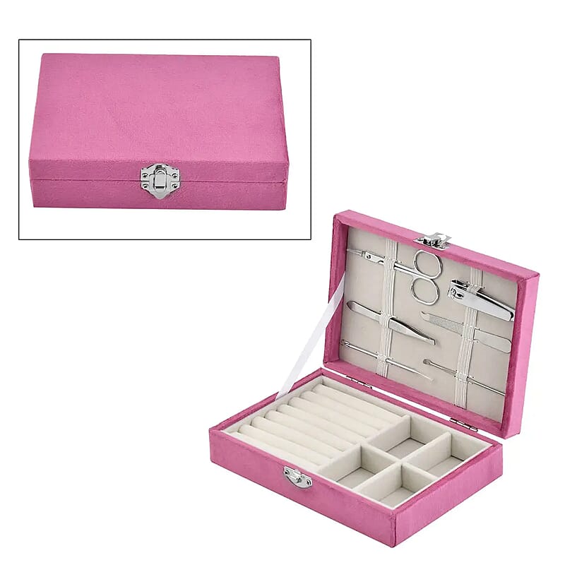 Pink Velvet Jewelry Box with 6pcs Manicure Set