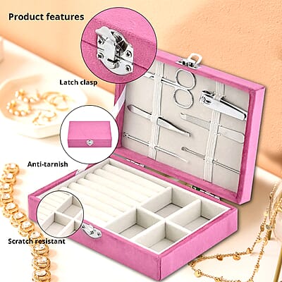 Pink Velvet Jewelry Box with 6pcs Manicure Set
