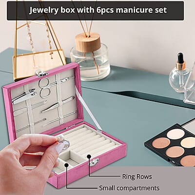 Pink Velvet Jewelry Box with 6pcs Manicure Set
