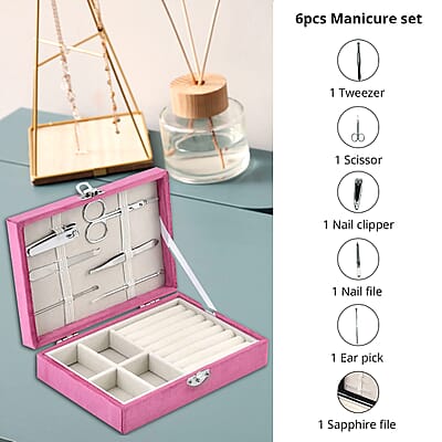 Pink Velvet Jewelry Box with 6pcs Manicure Set