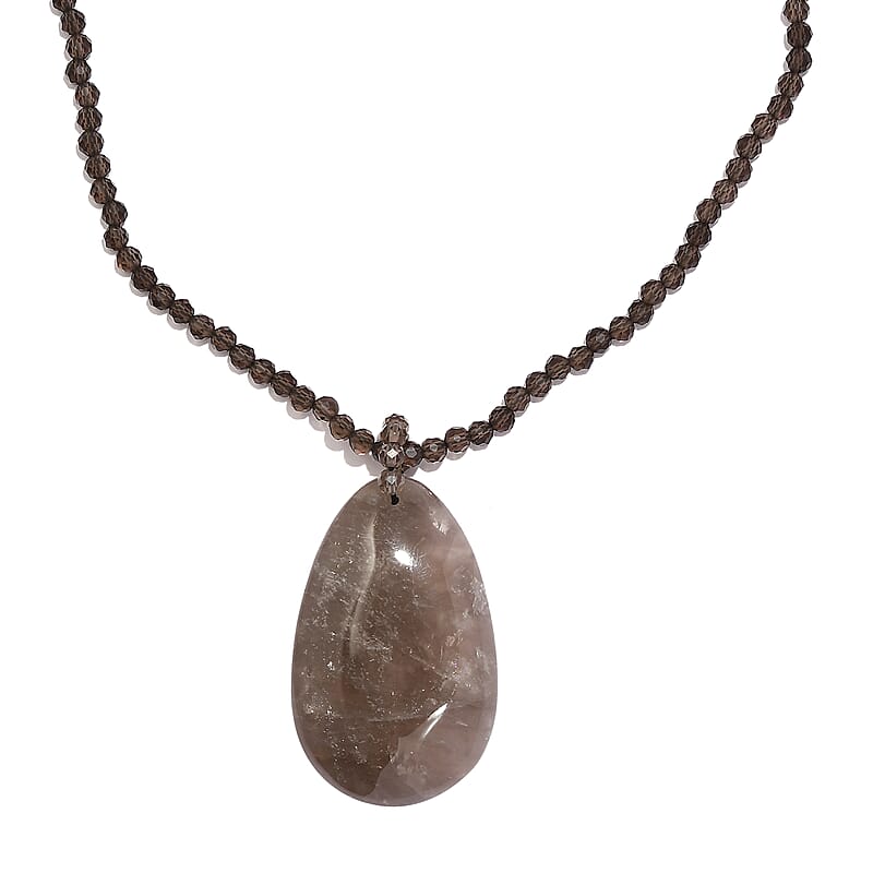 Brazilian Smoky Quartz Pendant with Beaded Necklace 20 Inches in Rhodium Over Sterling Silver 98.60 ctw