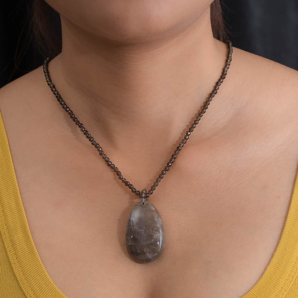 Brazilian Smoky Quartz Pendant with Beaded Necklace 20 Inches in Rhodium Over Sterling Silver 98.60 ctw image number 2
