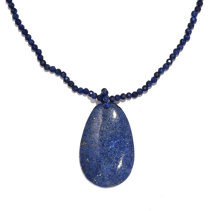 Lapis Lazuli Pendant with Beaded Necklace 20 Inches in Rhodium Over Sterling Silver 93.10 ctw