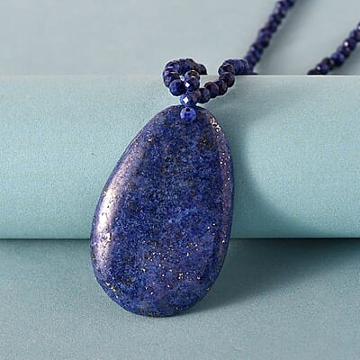 Lapis Lazuli Pendant with Beaded Necklace 20 Inches in Rhodium Over Sterling Silver 93.10 ctw
