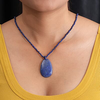 Lapis Lazuli Pendant with Beaded Necklace 20 Inches in Rhodium Over Sterling Silver 93.10 ctw