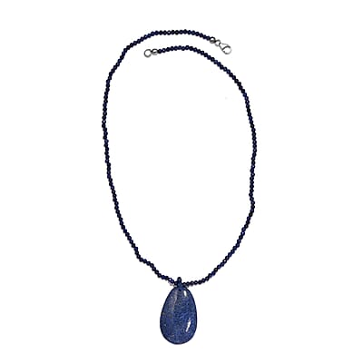Lapis Lazuli Pendant with Beaded Necklace 20 Inches in Rhodium Over Sterling Silver 93.10 ctw
