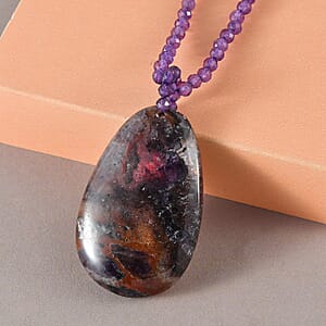 Amethyst Pendant with Beaded Necklace 20 Inches in Rhodium Over Sterling Silver 93.10 ctw