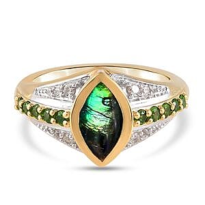 Ammolite and Chrome Diopside 1.59 ctw Ring in Vermeil Yellow Gold Over Sterling Silver (Size 5.5)