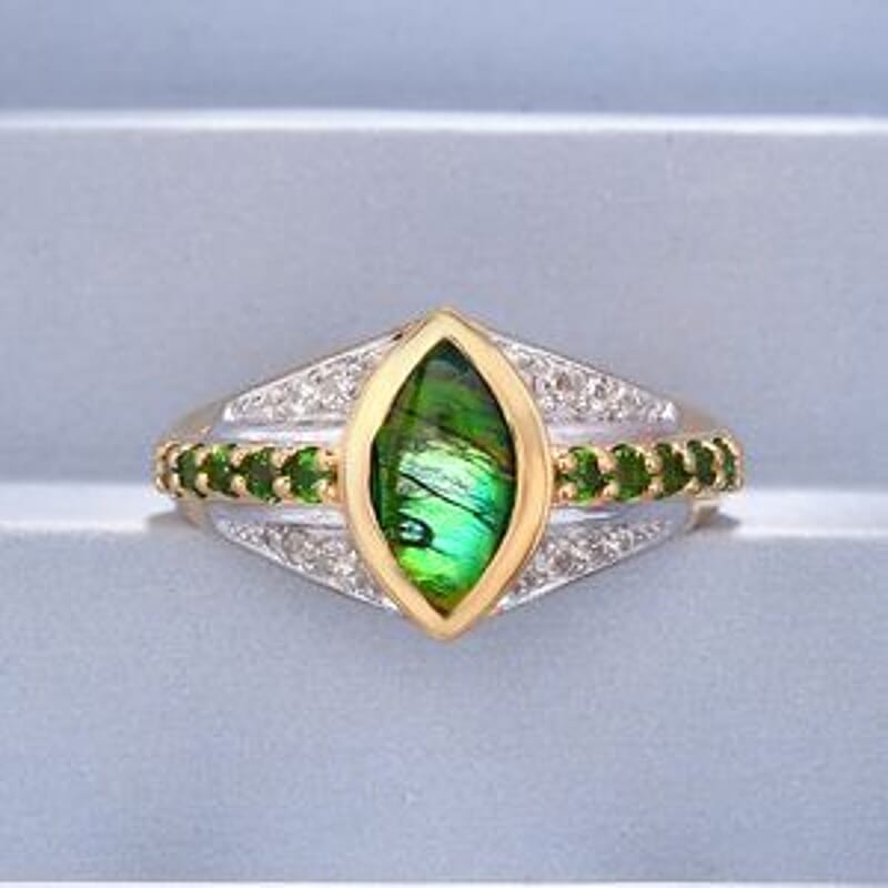 Ammolite and Chrome Diopside 1.59 ctw Ring in Vermeil Yellow Gold Over Sterling Silver (Size 5.5)