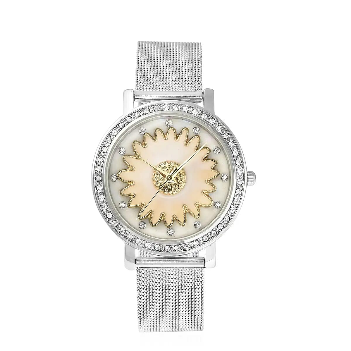 Strada Japanese Movement White Austrian Crystal White Flower Pattern Watch with Stainless Steel Mesh Strap (35.80 mm) (6.75-8.00 Inches) image number 0