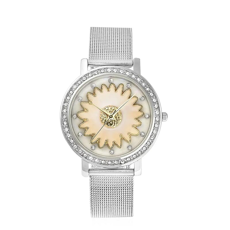 Strada Japanese Movement White Austrian Crystal White Flower Pattern Watch with Stainless Steel Mesh Strap (35.80 mm) (6.75-8.00 Inches)
