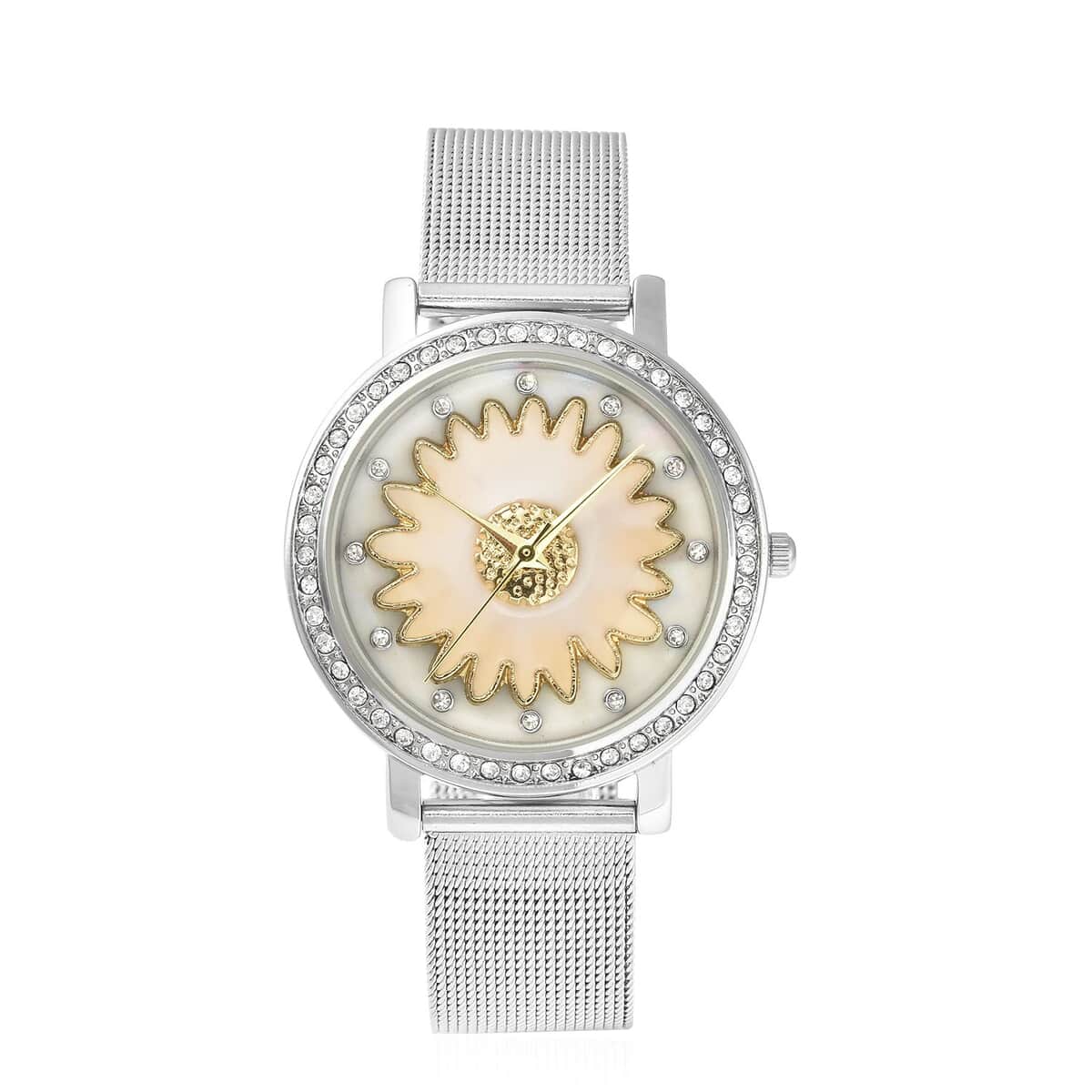 Strada Japanese Movement White Austrian Crystal White Flower Pattern Watch with Stainless Steel Mesh Strap (35.80 mm) (6.75-8.00 Inches) image number 0