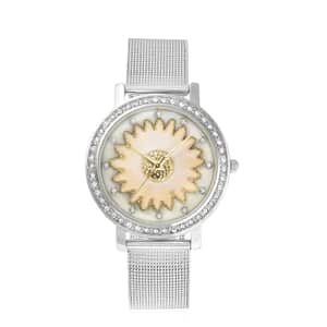 Strada Japanese Movement White Austrian Crystal White Flower Pattern Watch with Stainless Steel Mesh Strap (35.80 mm) (6.75-8.00 Inches)