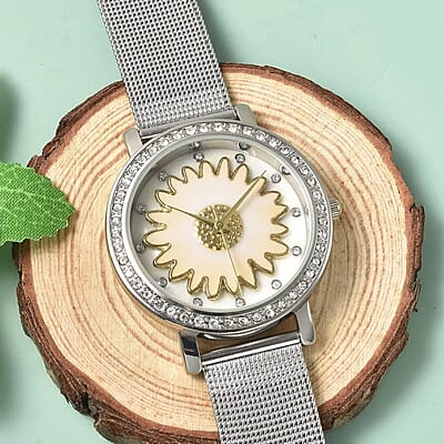 Strada Japanese Movement White Austrian Crystal White Flower Pattern Watch with Stainless Steel Mesh Strap (35.80 mm) (6.75-8.00 Inches)