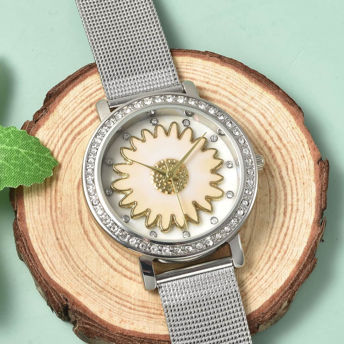 Strada Japanese Movement White Austrian Crystal White Flower Pattern Watch with Stainless Steel Mesh Strap (35.80 mm) (6.75-8.00 Inches) image number 1