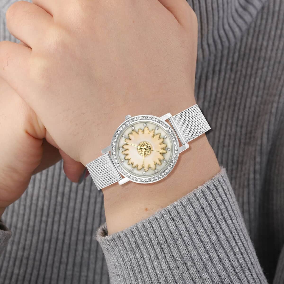 Strada Japanese Movement White Austrian Crystal White Flower Pattern Watch with Stainless Steel Mesh Strap (35.80 mm) (6.75-8.00 Inches) image number 2