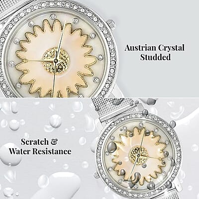 Strada Japanese Movement White Austrian Crystal White Flower Pattern Watch with Stainless Steel Mesh Strap (35.80 mm) (6.75-8.00 Inches)