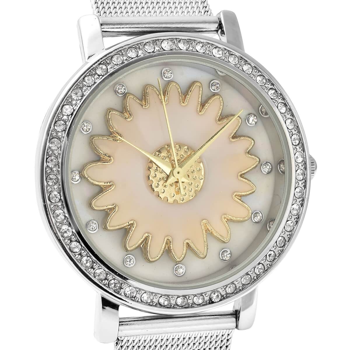 Strada Japanese Movement White Austrian Crystal White Flower Pattern Watch with Stainless Steel Mesh Strap (35.80 mm) (6.75-8.00 Inches) image number 3