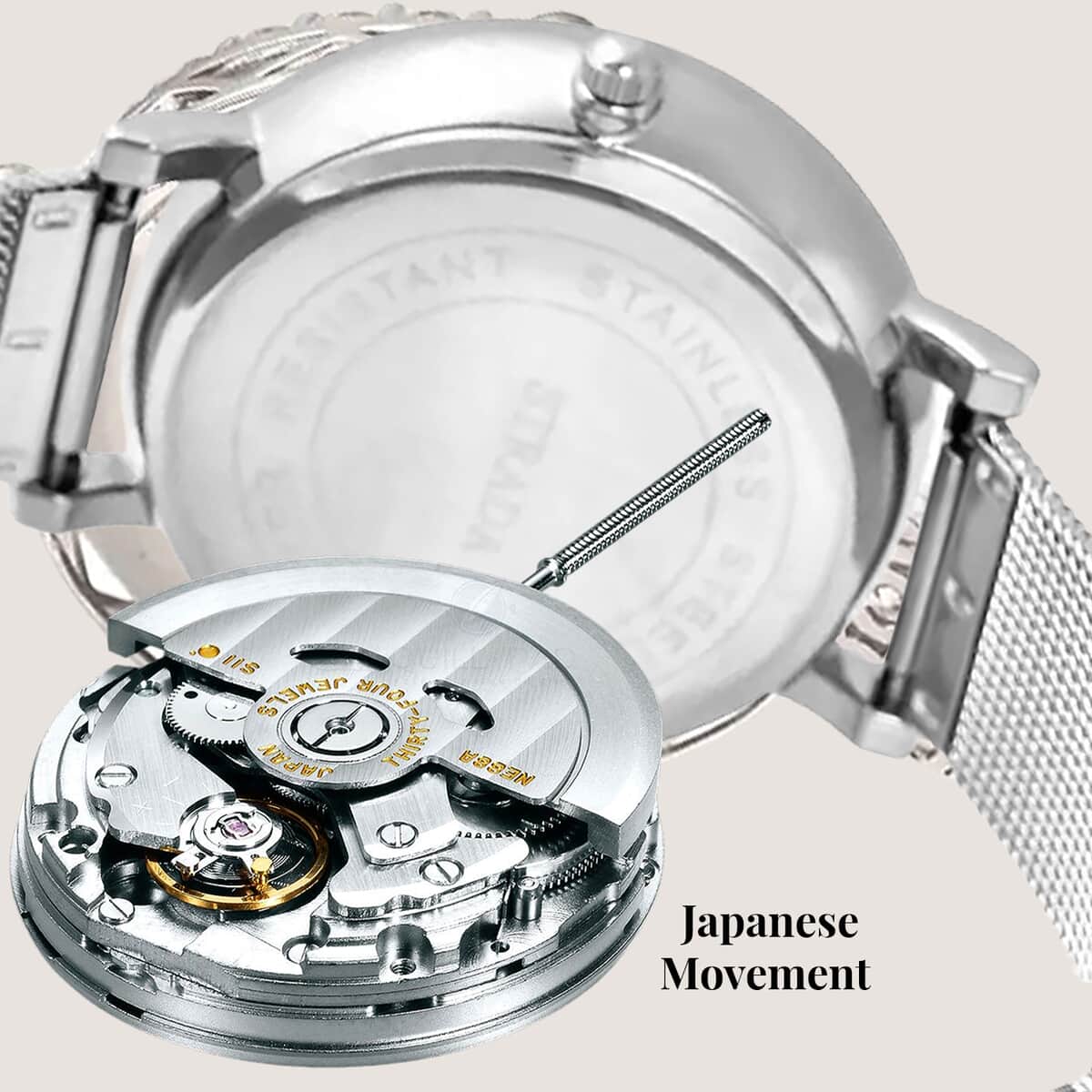 Strada Japanese Movement White Austrian Crystal White Flower Pattern Watch with Stainless Steel Mesh Strap (35.80 mm) (6.75-8.00 Inches) image number 5