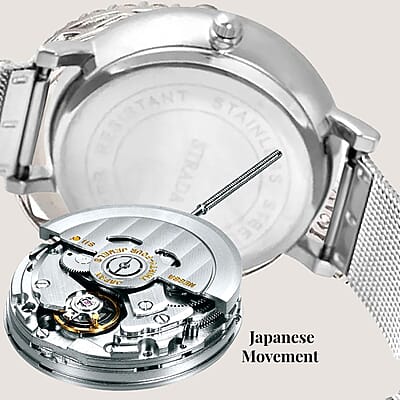 Strada Japanese Movement White Austrian Crystal White Flower Pattern Watch with Stainless Steel Mesh Strap (35.80 mm) (6.75-8.00 Inches)
