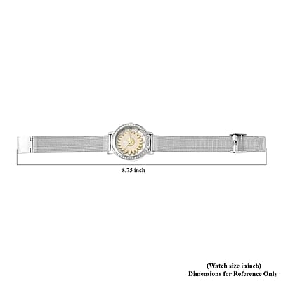 Strada Japanese Movement White Austrian Crystal White Flower Pattern Watch with Stainless Steel Mesh Strap (35.80 mm) (6.75-8.00 Inches)
