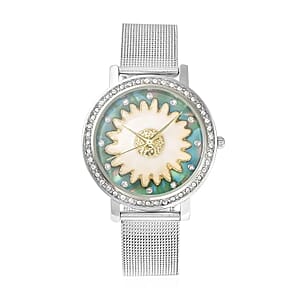 Strada Japanese Movement White Austrian Crystal Green Dial & White Flower Pattern Watch with Stainless Steel Mesh Strap (35.80 mm) (6.75-8.00 Inches)