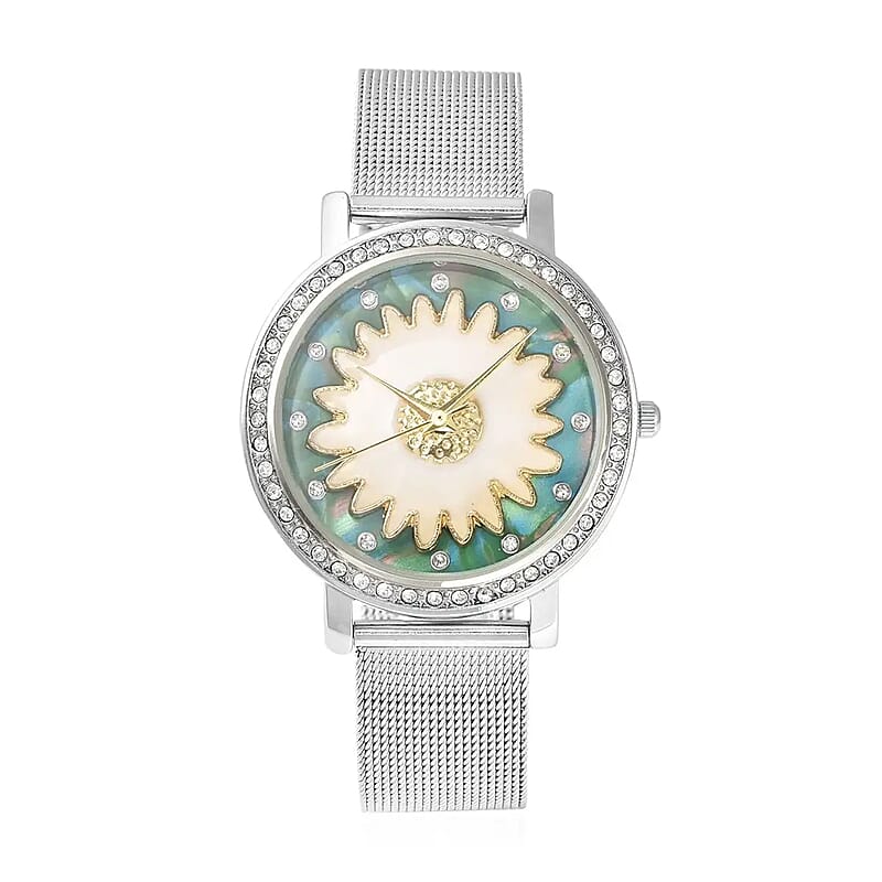 Strada Japanese Movement White Austrian Crystal Green Dial & White Flower Pattern Watch with Stainless Steel Mesh Strap (35.80 mm) (6.75-8.00 Inches)
