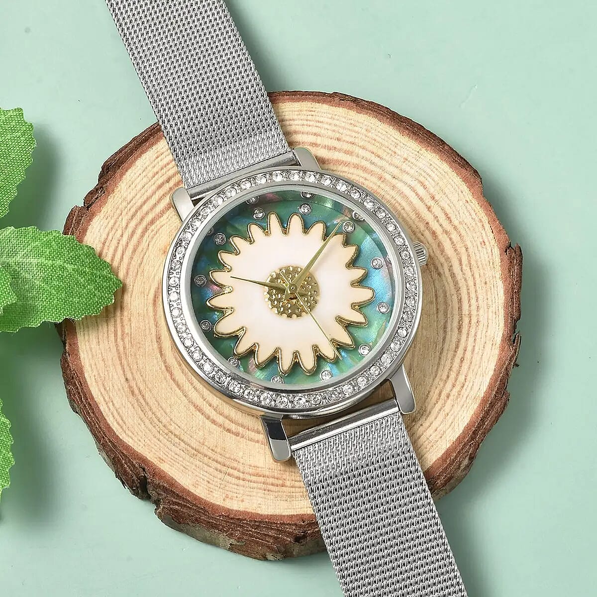 Strada Japanese Movement White Austrian Crystal Green Dial & White Flower Pattern Watch with Stainless Steel Mesh Strap (35.80 mm) (6.75-8.00 Inches) image number 1