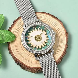 Strada Japanese Movement White Austrian Crystal Green Dial & White Flower Pattern Watch with Stainless Steel Mesh Strap (35.80 mm) (6.75-8.00 Inches)