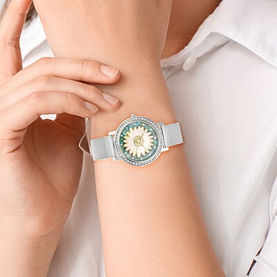 Strada Japanese Movement White Austrian Crystal Green Dial & White Flower Pattern Watch with Stainless Steel Mesh Strap (35.80 mm) (6.75-8.00 Inches)