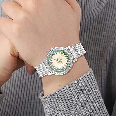 Strada Japanese Movement White Austrian Crystal Green Dial & White Flower Pattern Watch with Stainless Steel Mesh Strap (35.80 mm) (6.75-8.00 Inches)