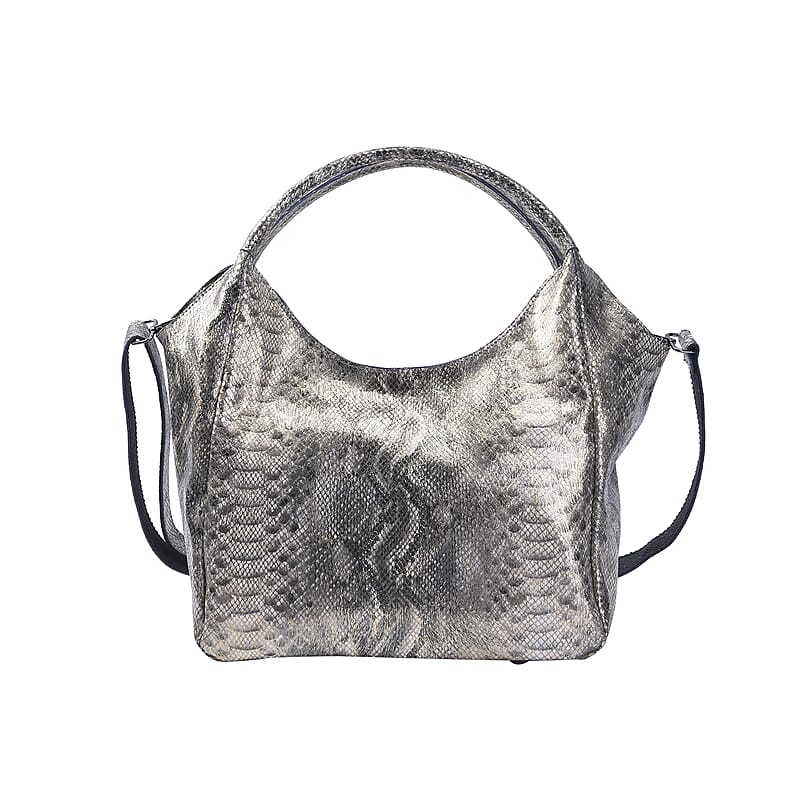 Gold and Black Python Embossed Print Genuine Leather Hobo Bag with Shoulder Strap