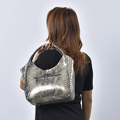 Gold and Black Python Embossed Print Genuine Leather Hobo Bag with Shoulder Strap