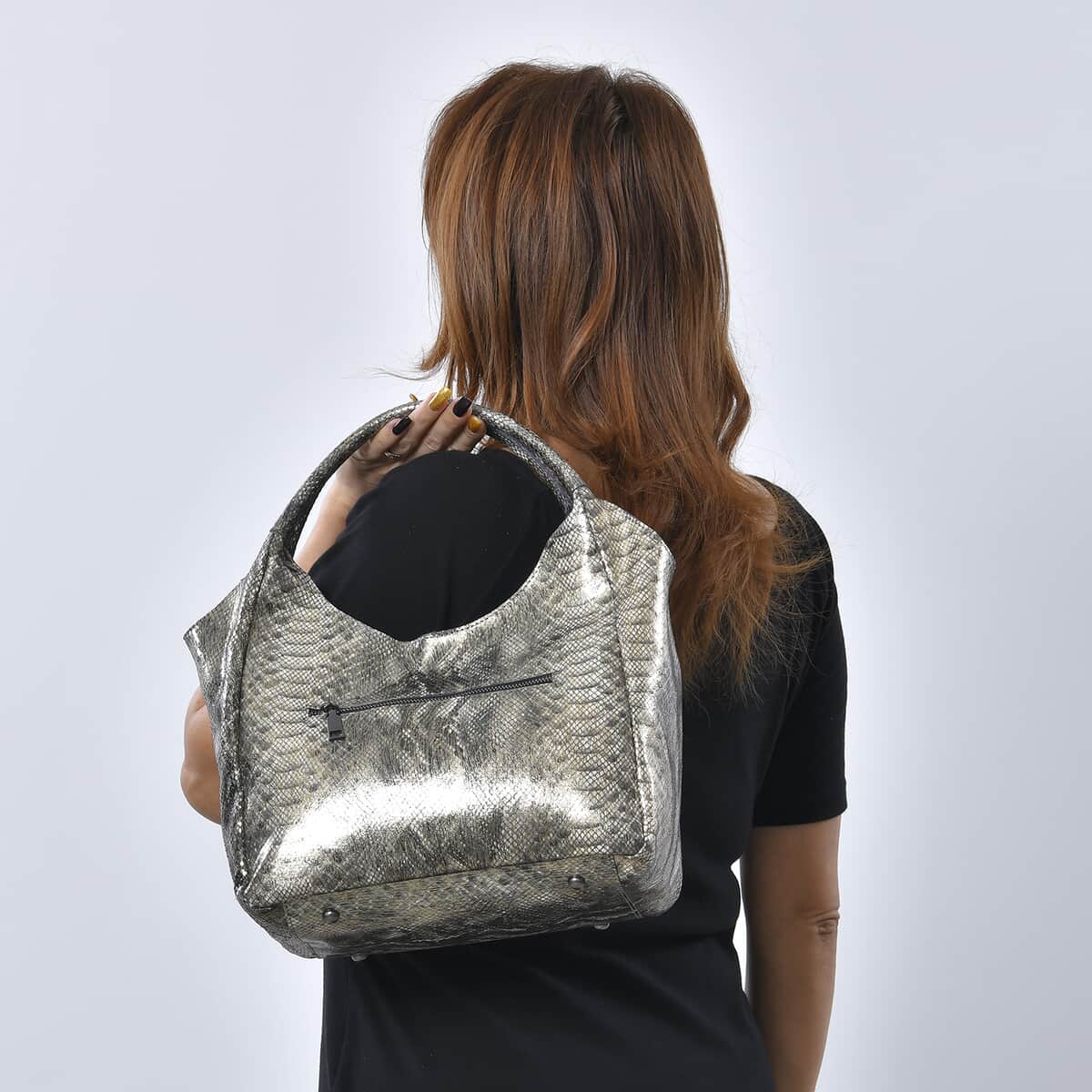 Gold and Black Python Embossed Print Genuine Leather Hobo Bag with Shoulder Strap image number 2