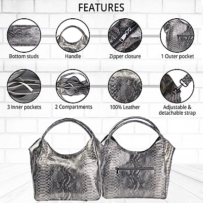 Gold and Black Python Embossed Print Genuine Leather Hobo Bag with Shoulder Strap
