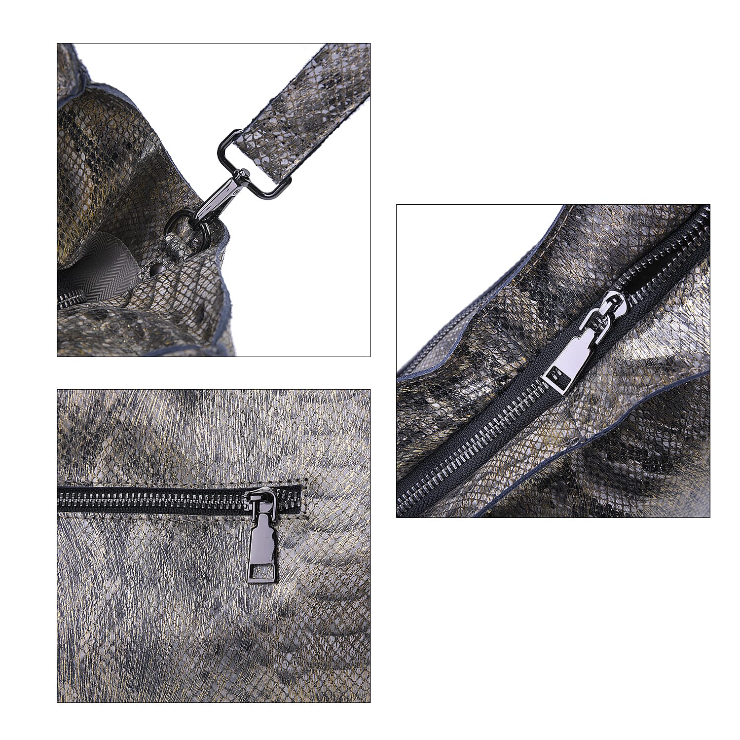 Gold and Black Python Embossed Print Genuine Leather Hobo Bag with Shoulder Strap