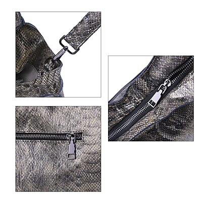 Gold and Black Python Embossed Print Genuine Leather Hobo Bag with Shoulder Strap