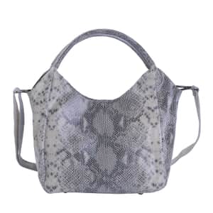 Gray Python Embossed Print Genuine Leather Hobo Bag with Shoulder Strap