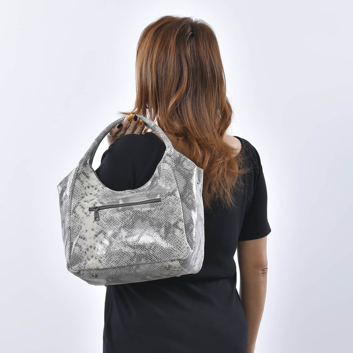 Gray Python Embossed Print Genuine Leather Hobo Bag with Shoulder Strap image number 2