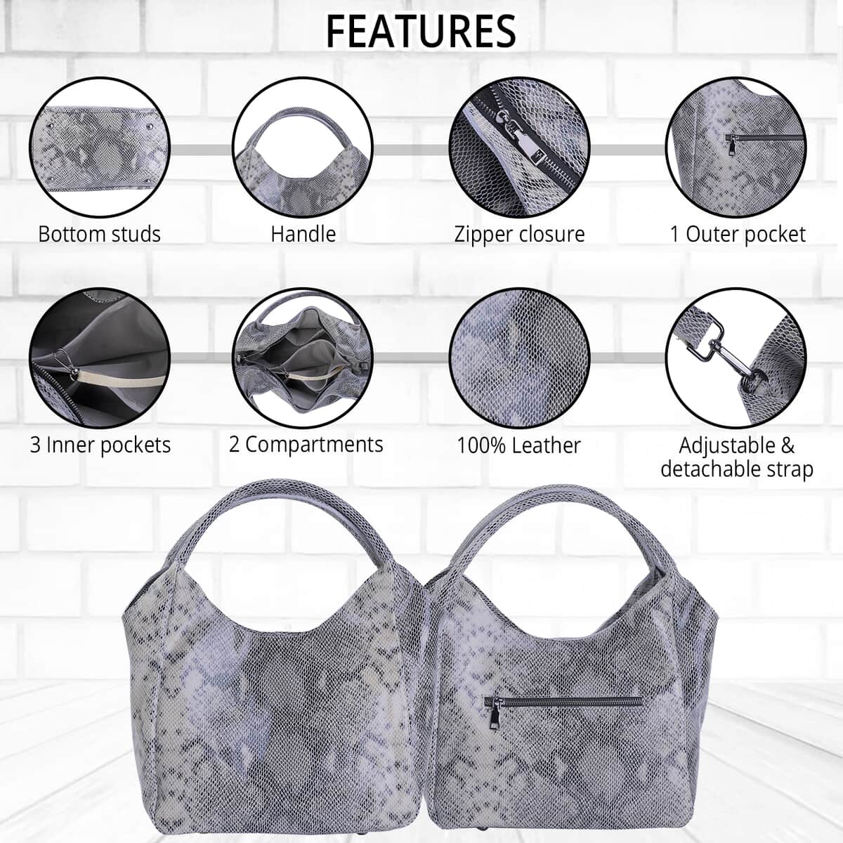 Gray Python Embossed Print Genuine Leather Hobo Bag with Shoulder Strap image number 3