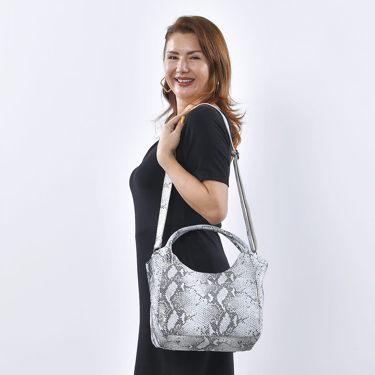 Silver and Black Python Embossed Print Genuine Leather Hobo Bag with Shoulder Strap image number 1