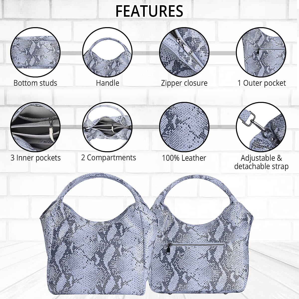 Silver and Black Python Embossed Print Genuine Leather Hobo Bag with Shoulder Strap image number 3