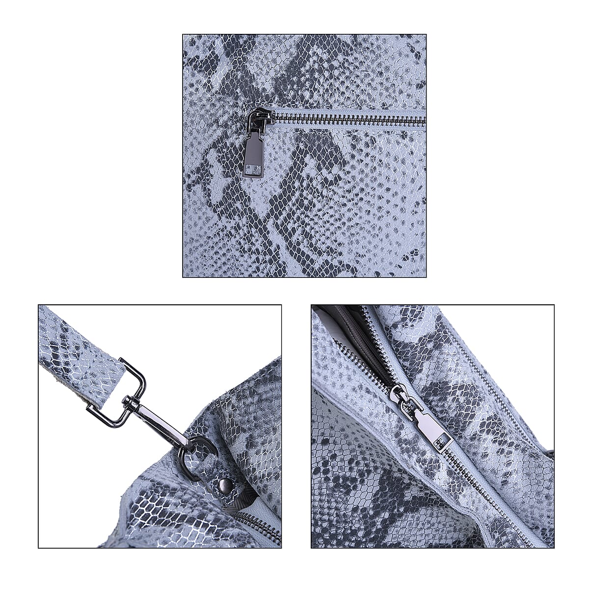 Silver and Black Python Embossed Print Genuine Leather Hobo Bag with Shoulder Strap image number 4