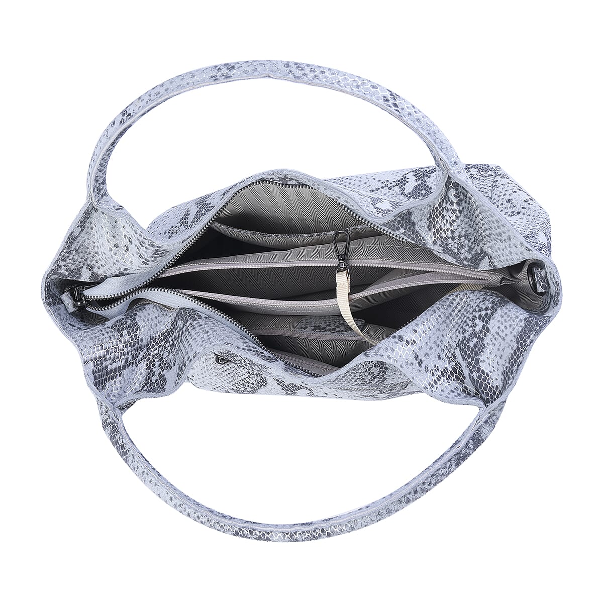 Silver and Black Python Embossed Print Genuine Leather Hobo Bag with Shoulder Strap image number 5