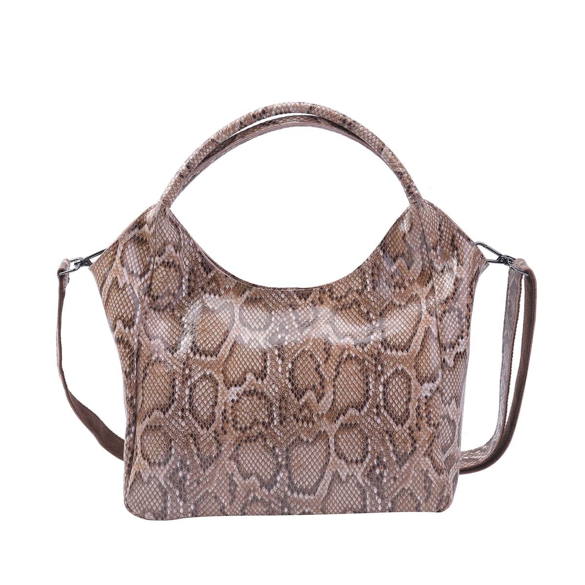 Khaki and Black Python Embossed Print Genuine Leather Hobo Bag with Shoulder Strap image number 0