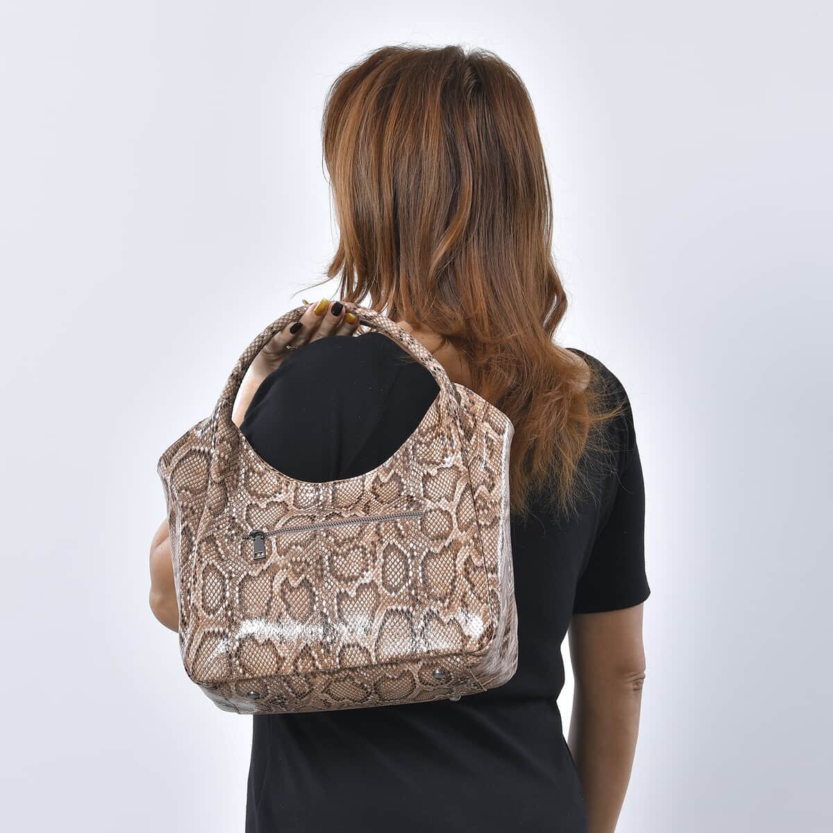 Khaki and Black Python Embossed Print Genuine Leather Hobo Bag with Shoulder Strap image number 2