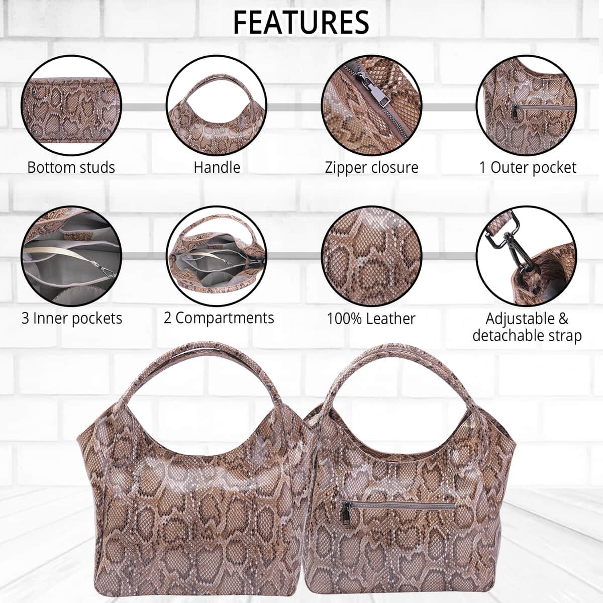 Khaki and Black Python Embossed Print Genuine Leather Hobo Bag with Shoulder Strap image number 3