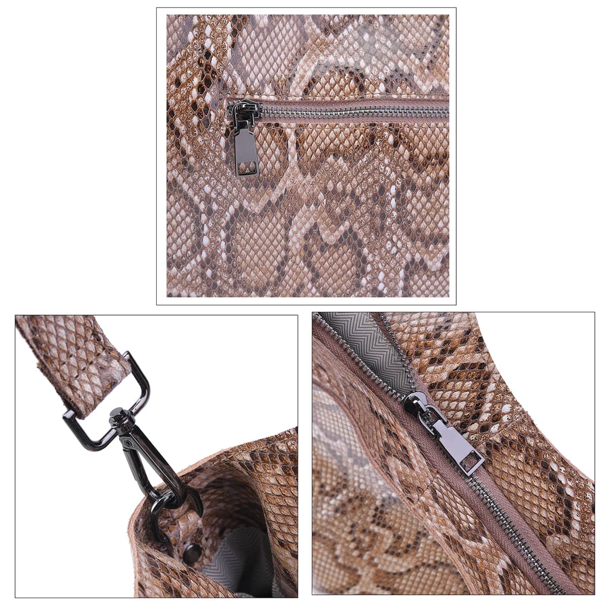 Khaki and Black Python Embossed Print Genuine Leather Hobo Bag with Shoulder Strap image number 4