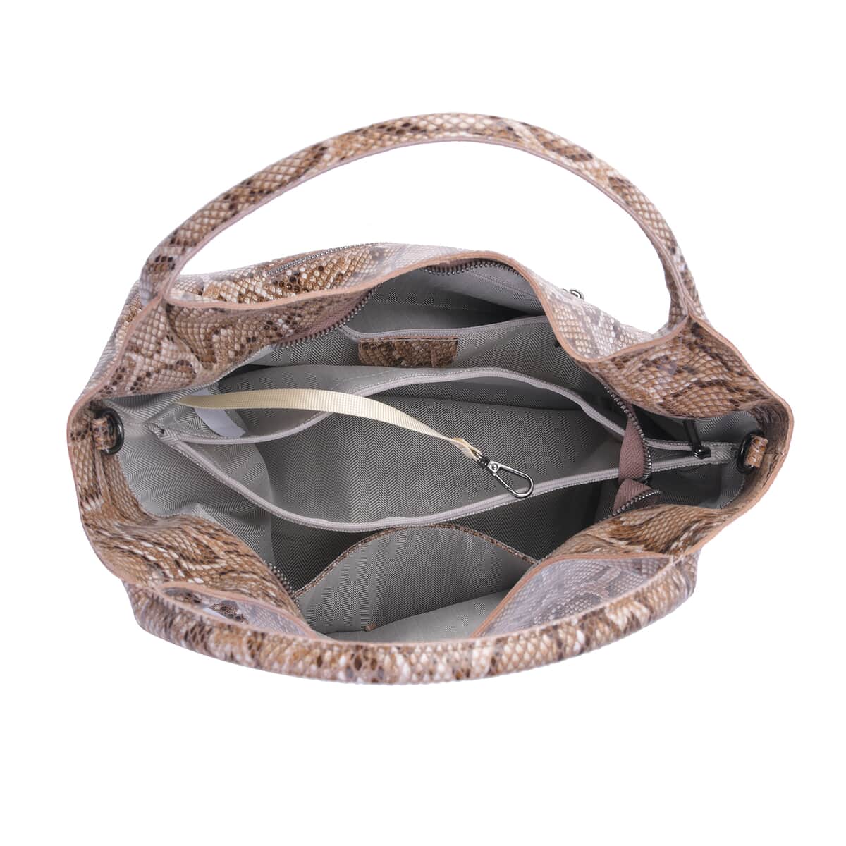 Khaki and Black Python Embossed Print Genuine Leather Hobo Bag with Shoulder Strap image number 5