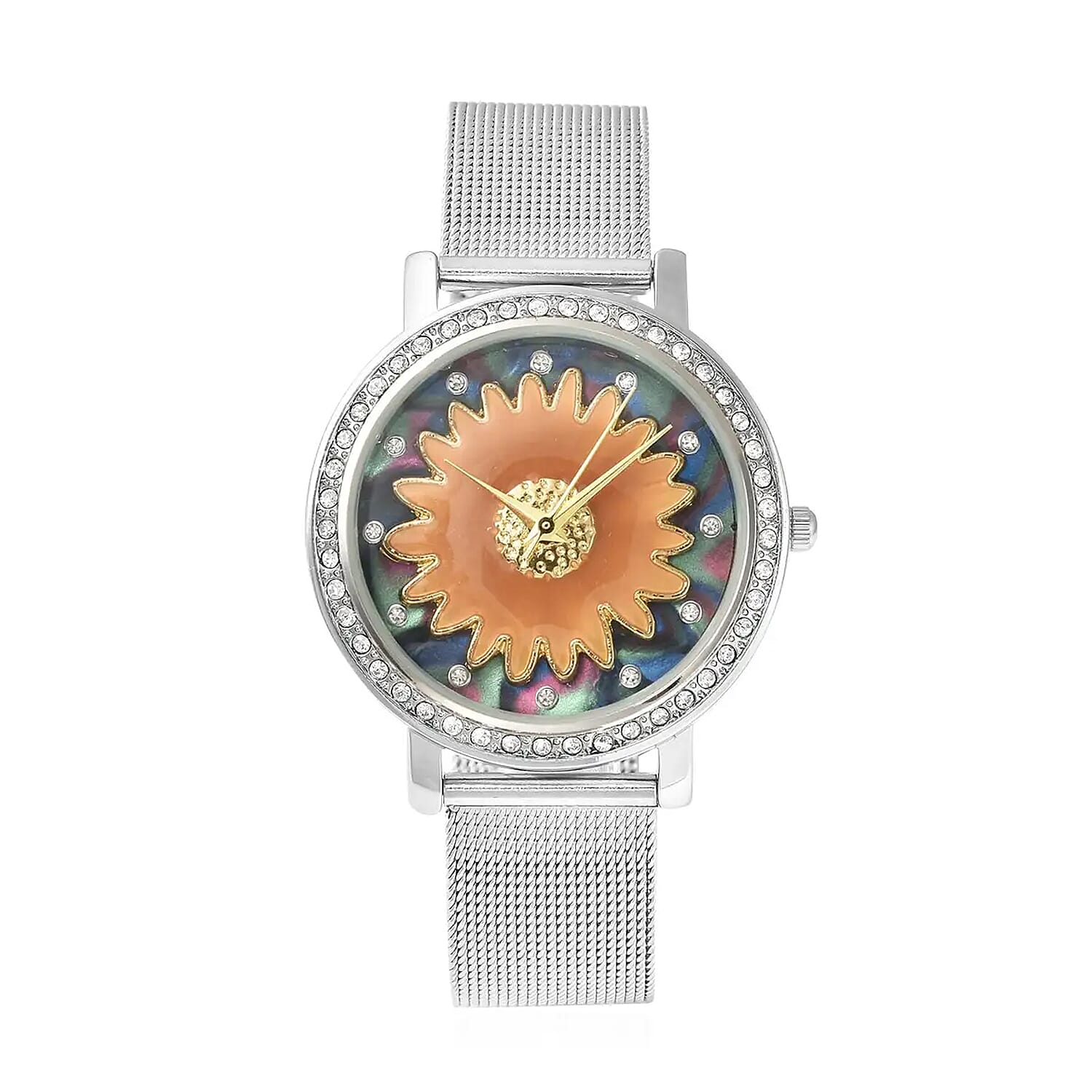Strada Japanese Movement White Austrian Crystal Multi Color Dial & Brown Flower Pattern Watch with Stainless Steel Mesh Strap (35.80 mm) (6.75-8.00 Inches)